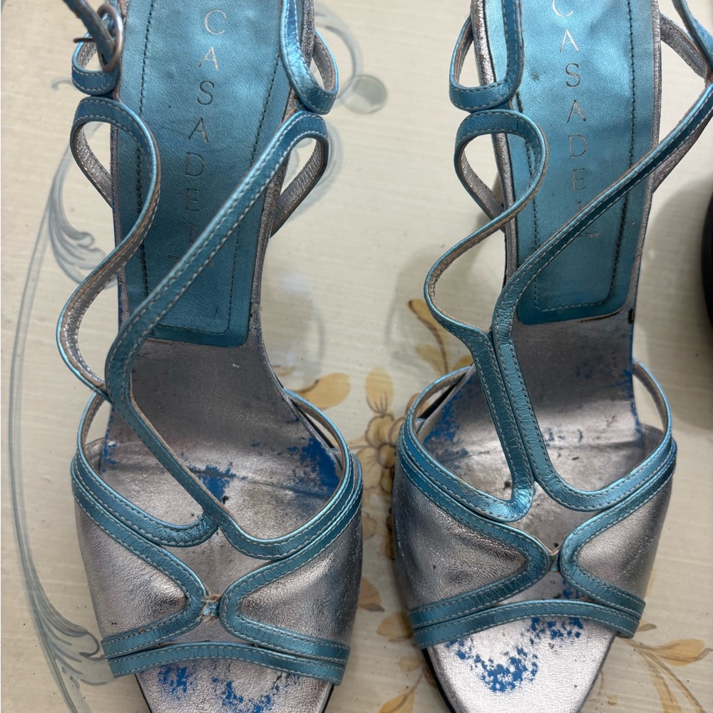 Casadei Blue and Silver Strappy Heels